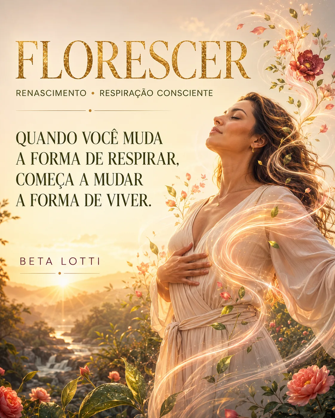 Capa do curso Florescer com Beta Lotti entre flores e luz dourada
