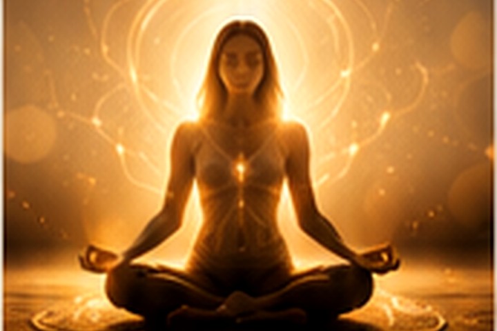 Mulher meditando em luz dourada